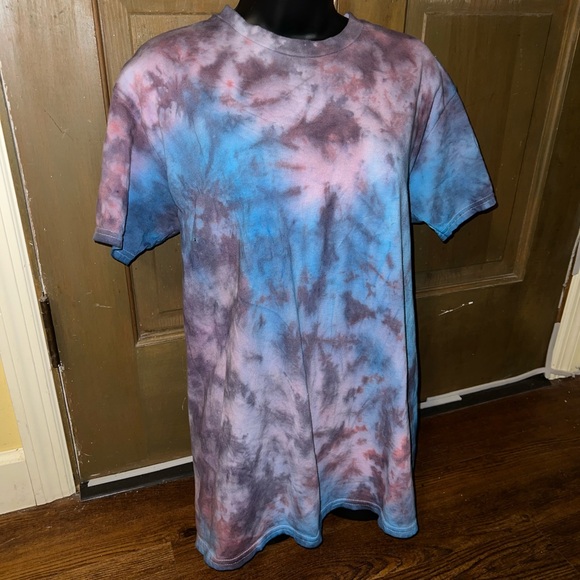 Gildan Blue Purple Custom Tie-Dye Retro Cosmic Short Sleeve Cotton Shirt Size M - Picture 4 of 7